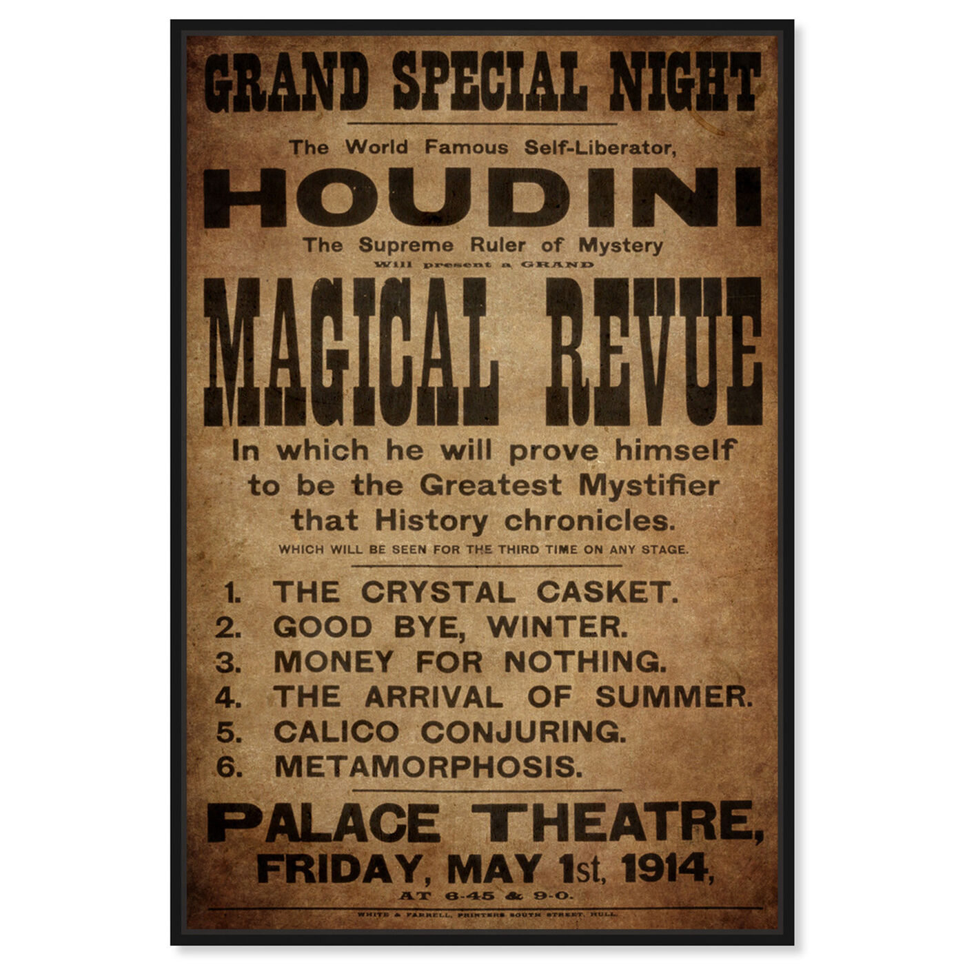 Front view of Houdini's Announcement featuring advertising and posters art.