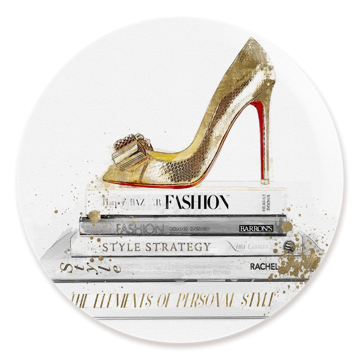 Front view of Gold Shoe and Red Fashion Round featuring fashion and glam and shoes art.