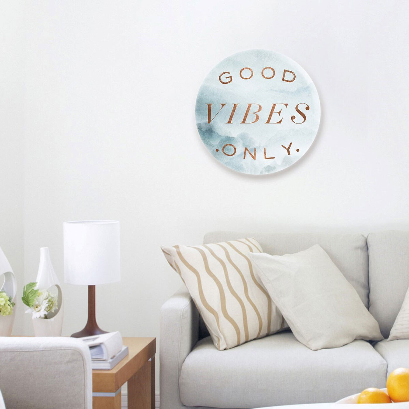 Hanging view of Good Vibes Only Circle featuring typography and quotes and inspirational quotes and sayings art.