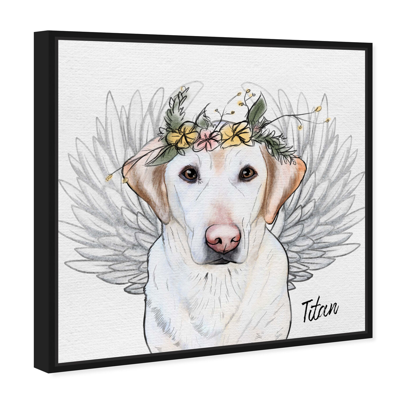 Angled view of Memorial Floral Crown Pet Portrait art.