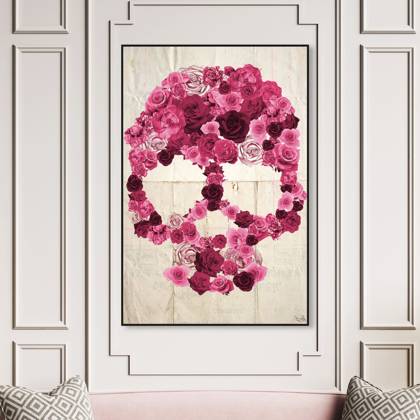 Hanging view of Strawberry Skull featuring symbols and objects and skull art.