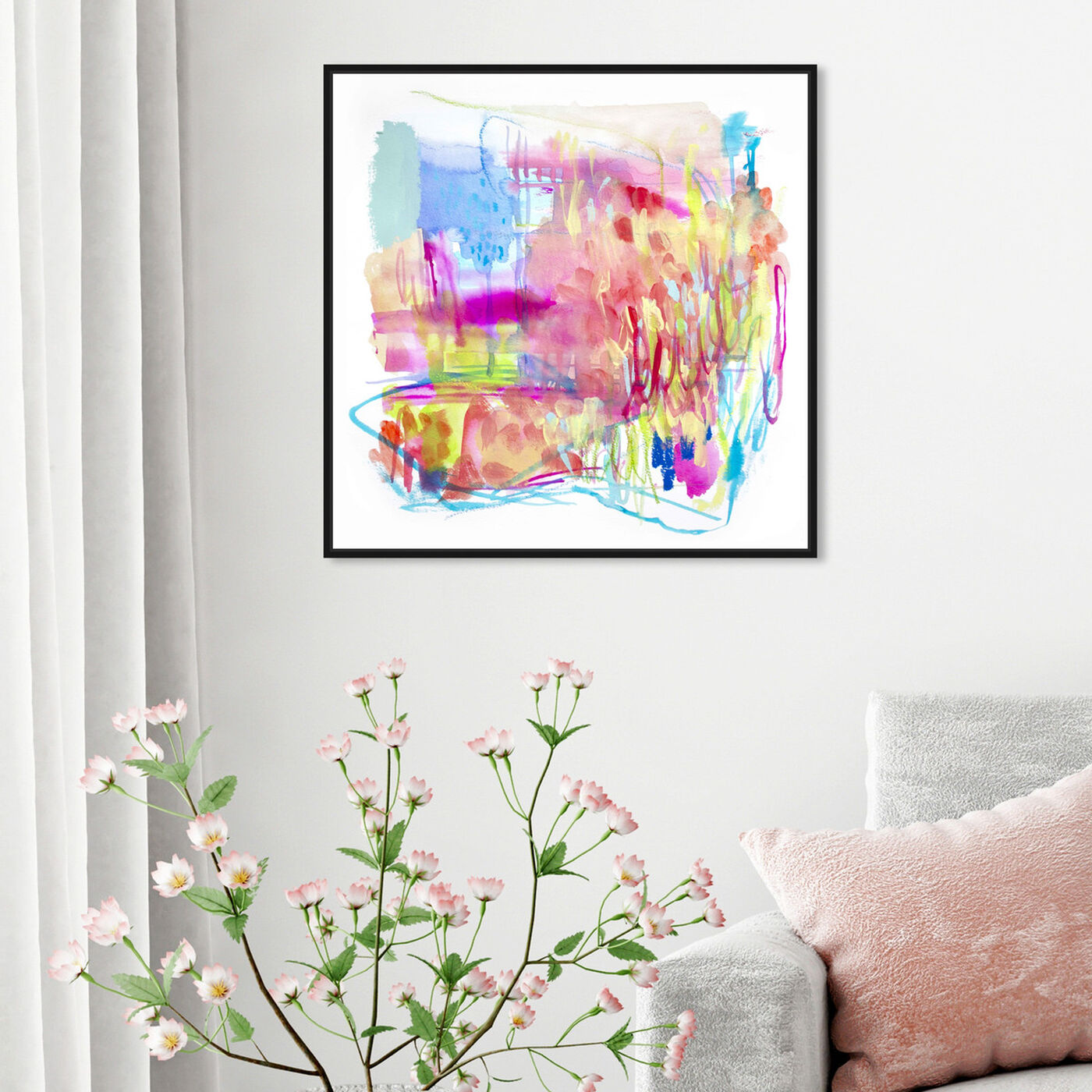 Hanging view of Fireworks at the Lake featuring abstract and watercolor art.