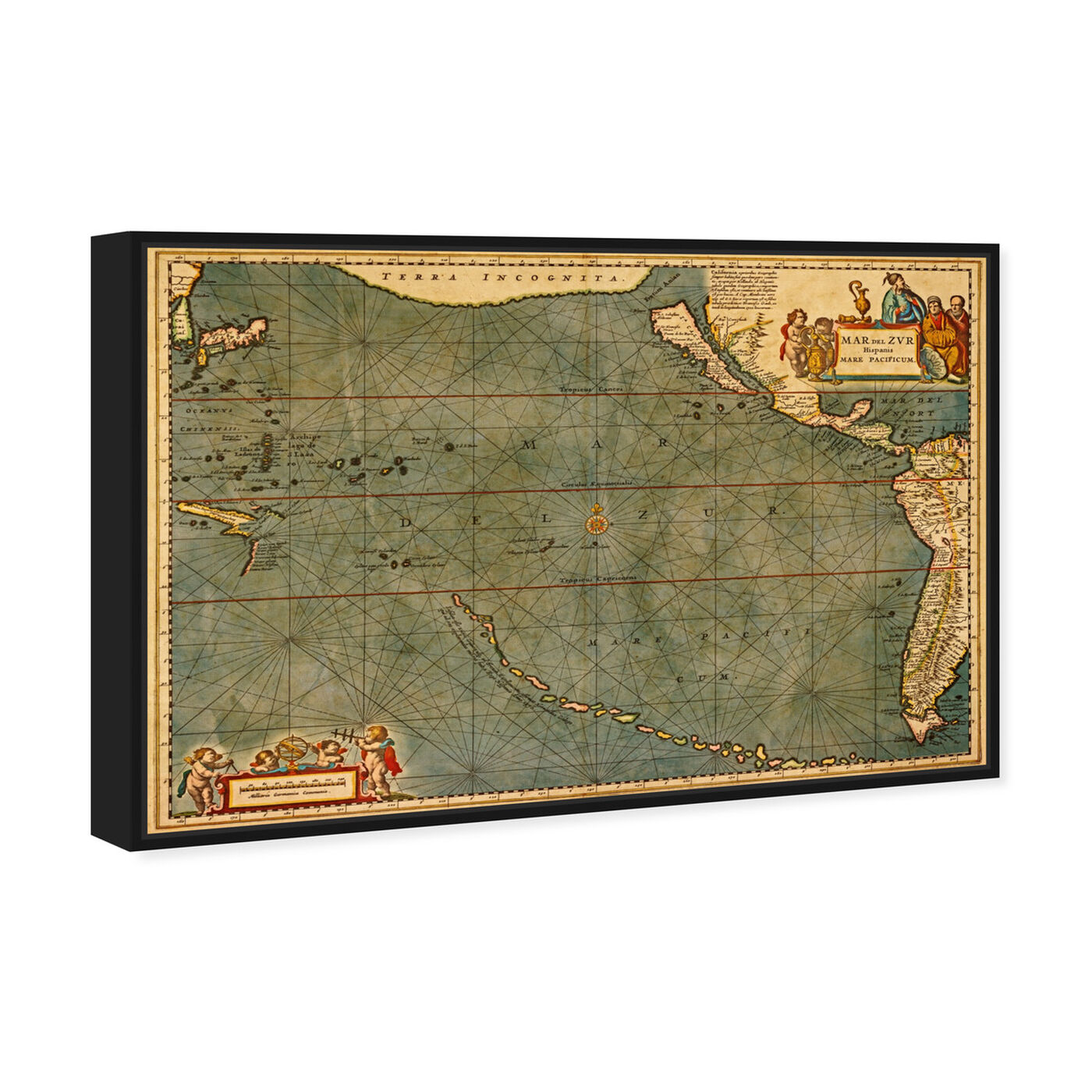 Angled view of Mare Pacificum Map 1600s featuring maps and flags and nautical maps art.