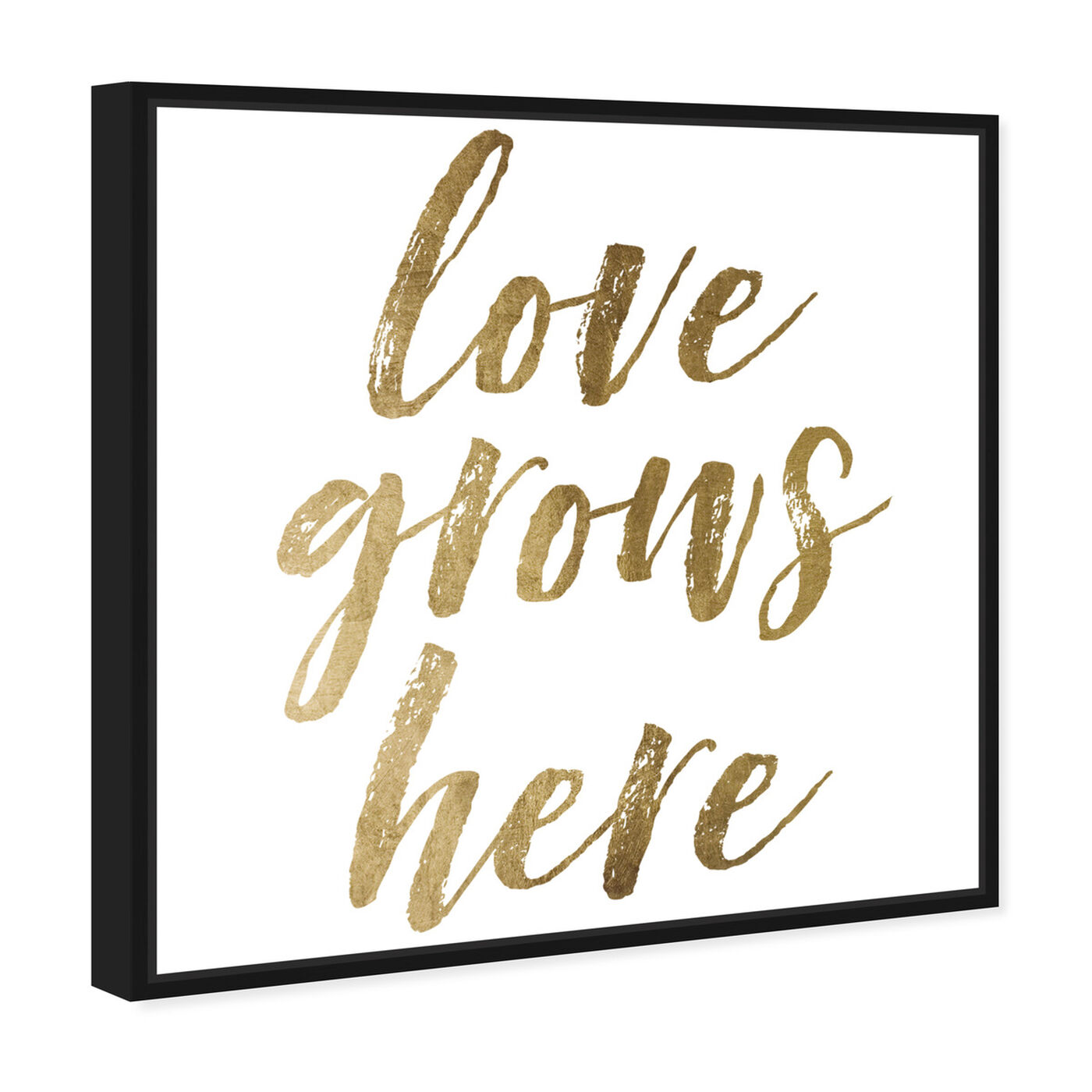 Angled view of Love Grows Here Gold featuring typography and quotes and love quotes and sayings art.