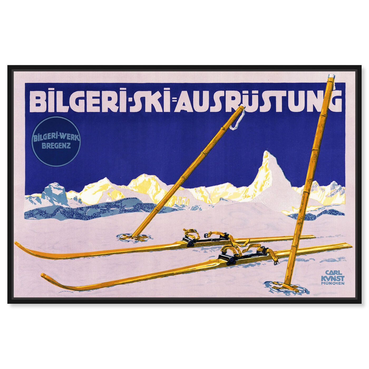 Front view of Bilgeri Ski featuring sports and teams and skiing art.