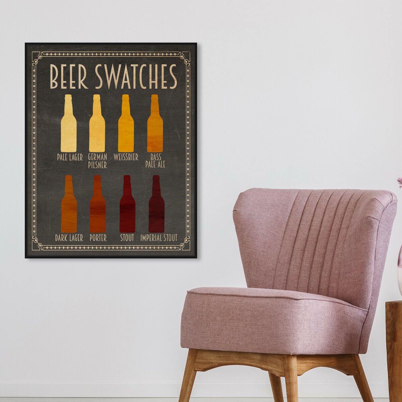 Hanging view of Beer Swatches featuring drinks and spirits and beer art.