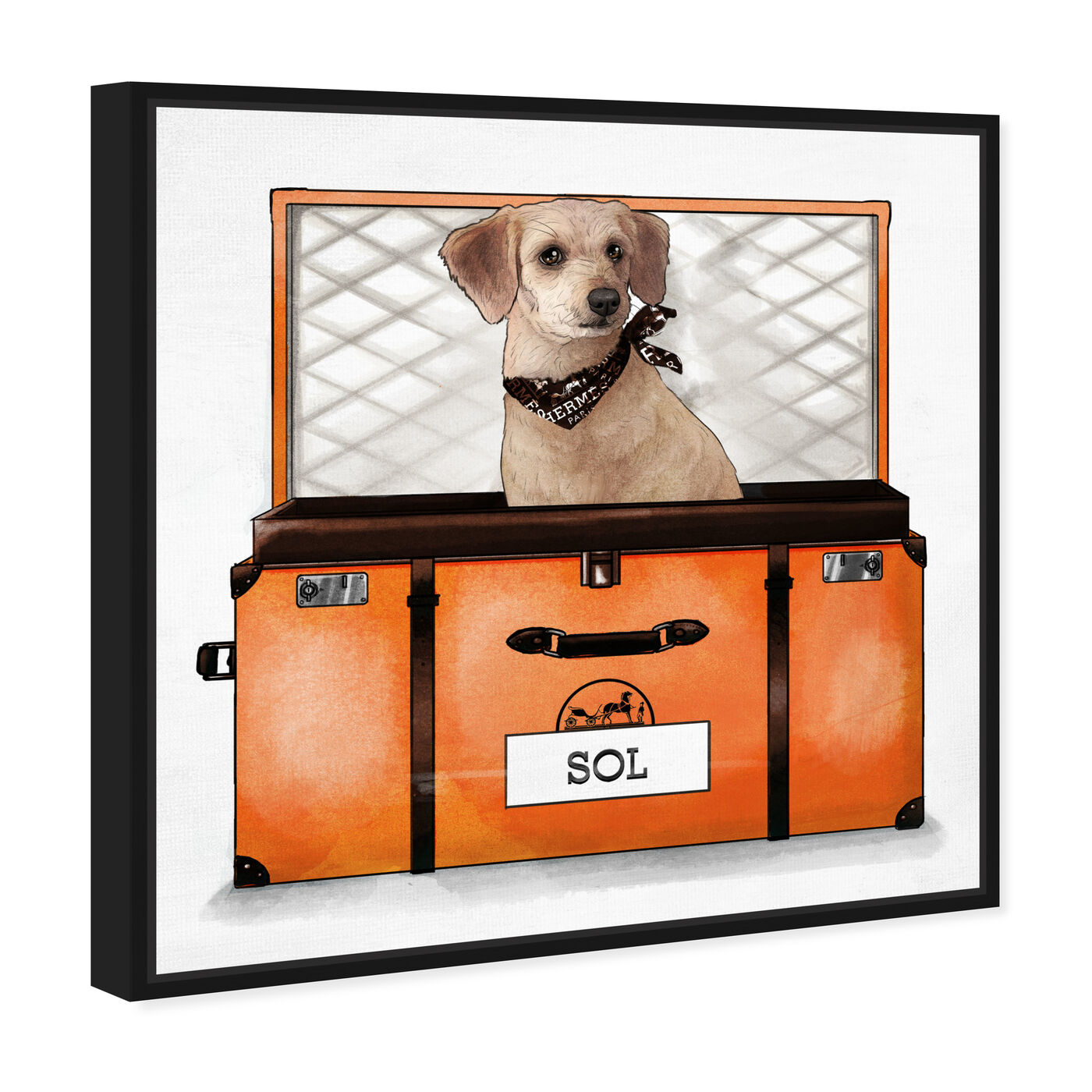 Angled view of Orange Traveler featuring animals and dogs and puppies art.