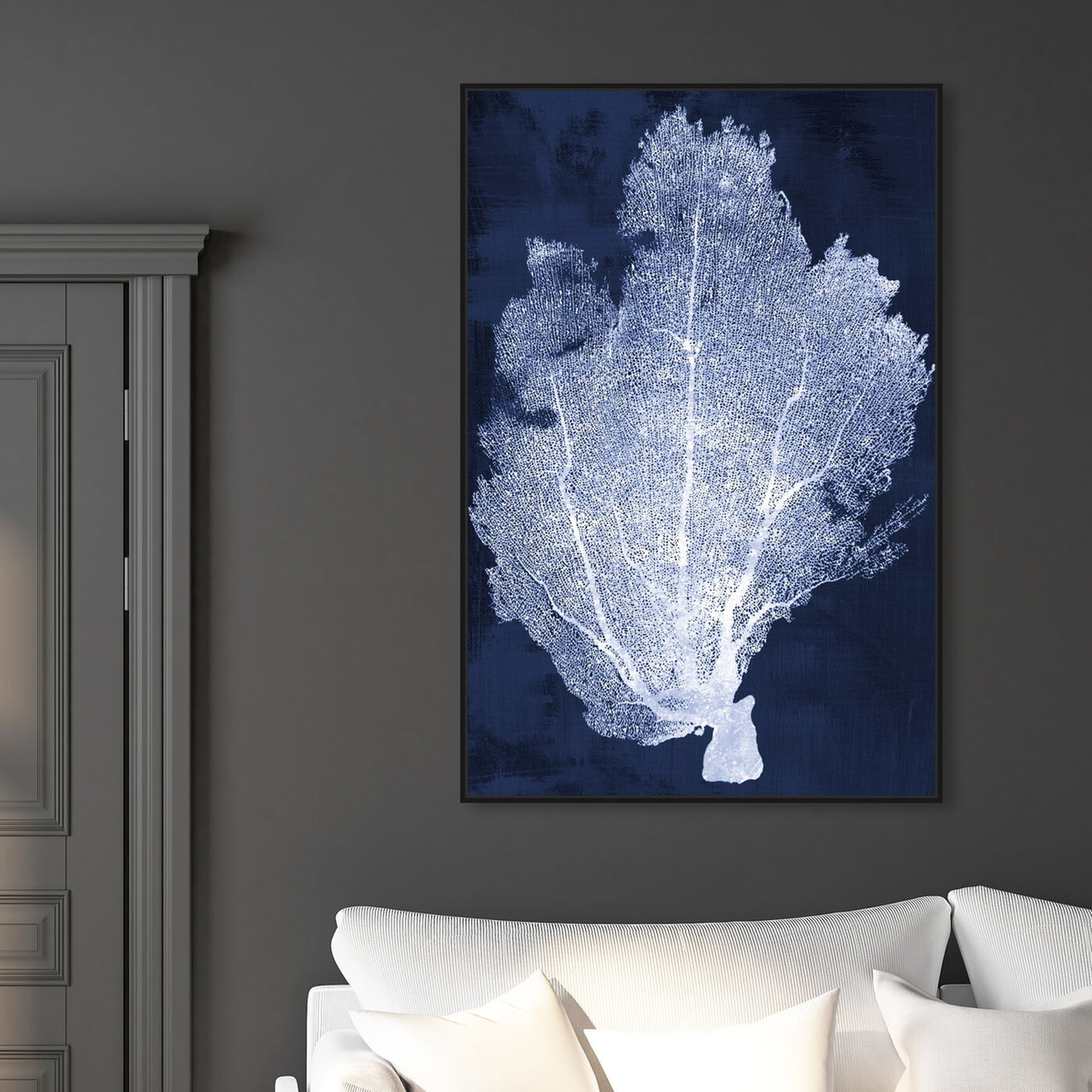 Hanging view of Coral Fan Cyanotype 2 featuring nautical and coastal and marine life art.