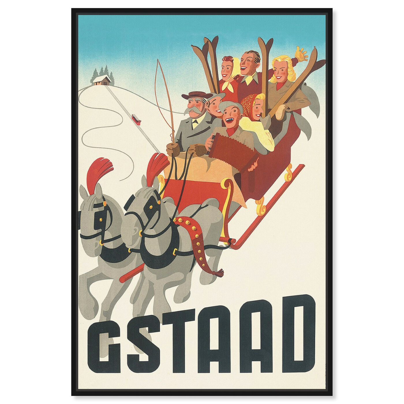 Front view of Gstaad featuring advertising and posters art.