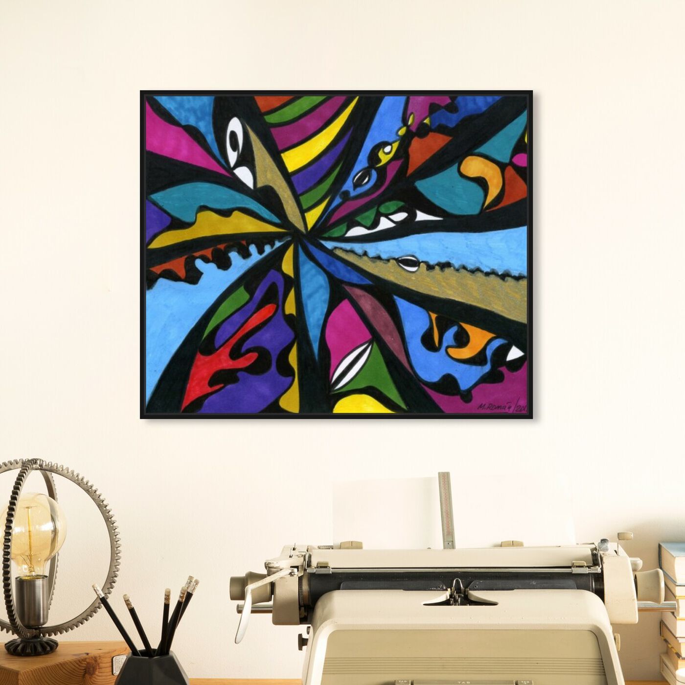 Hanging view of Requiem featuring abstract and geometric art.