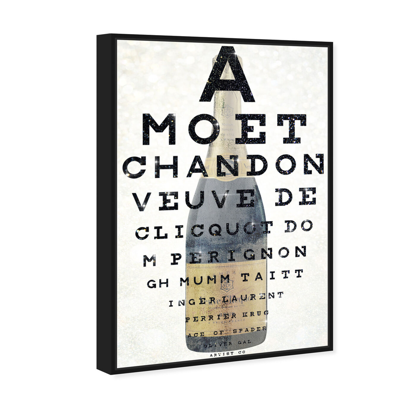 Angled view of Champagne Eye Chart featuring drinks and spirits and champagne art.
