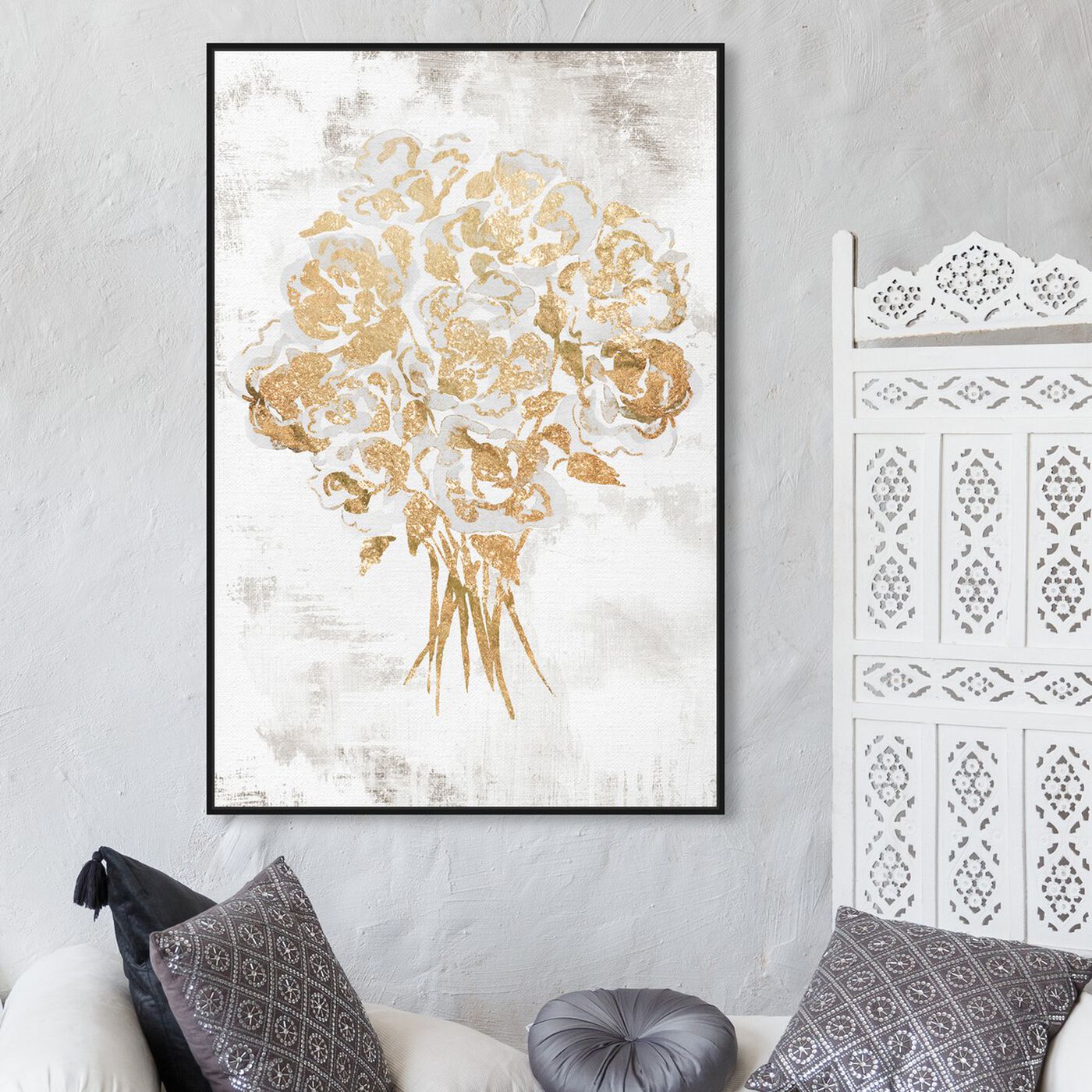 Hanging view of Gold Foil Bouquet featuring floral and botanical and florals art.