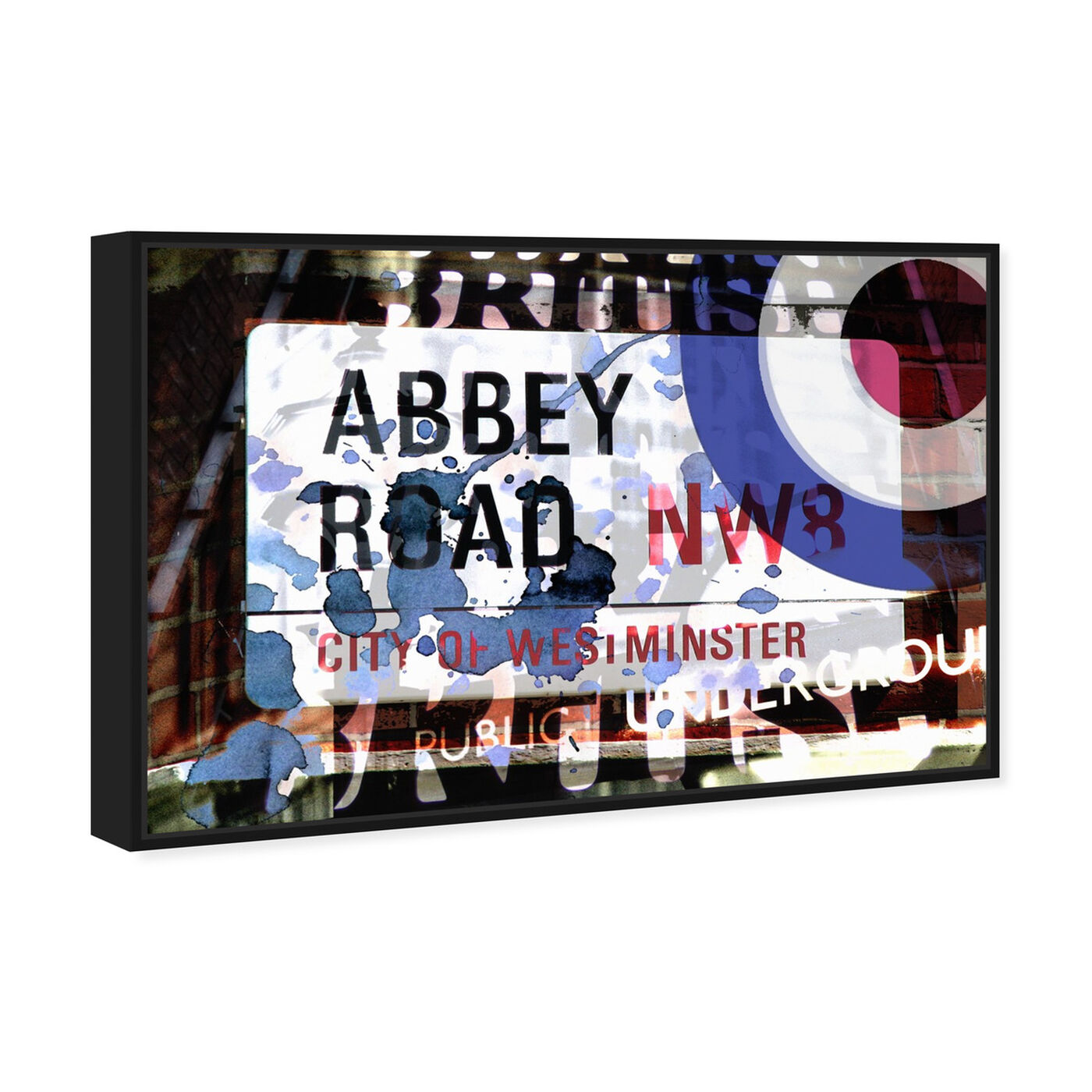 Angled view of Abbey Road featuring advertising and posters art.