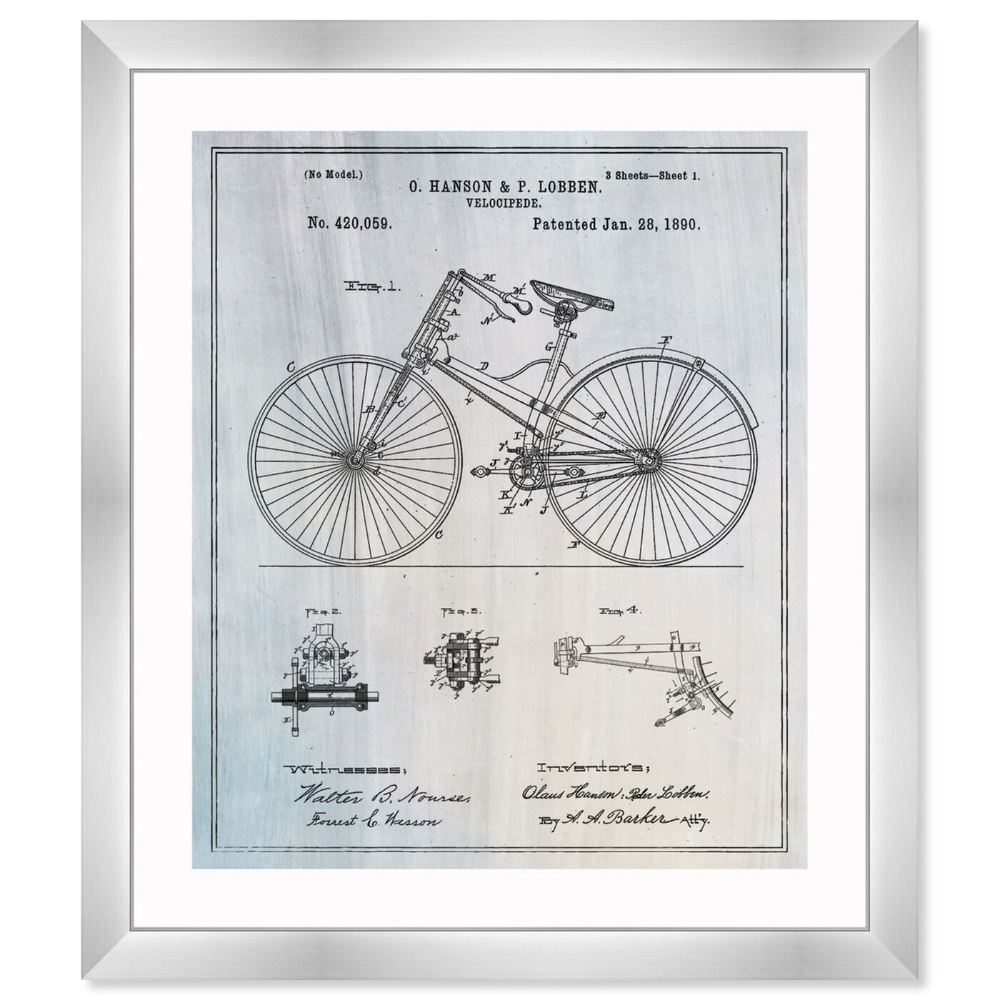 Front view of Bicycle 1890 featuring transportation and bicycles art.
