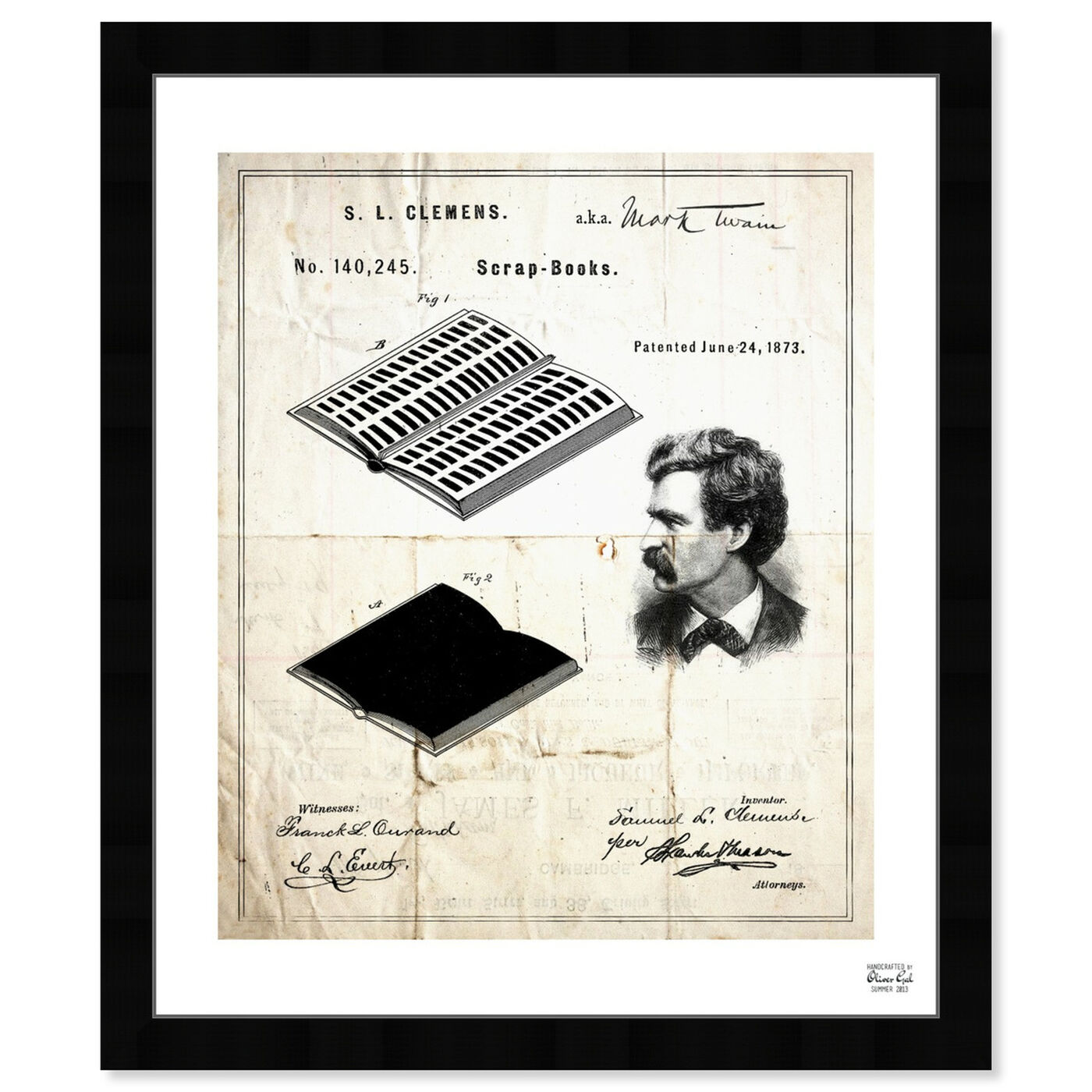 Front view of Mark Twain's Scrapbook 1873 featuring education and office and scientist art.