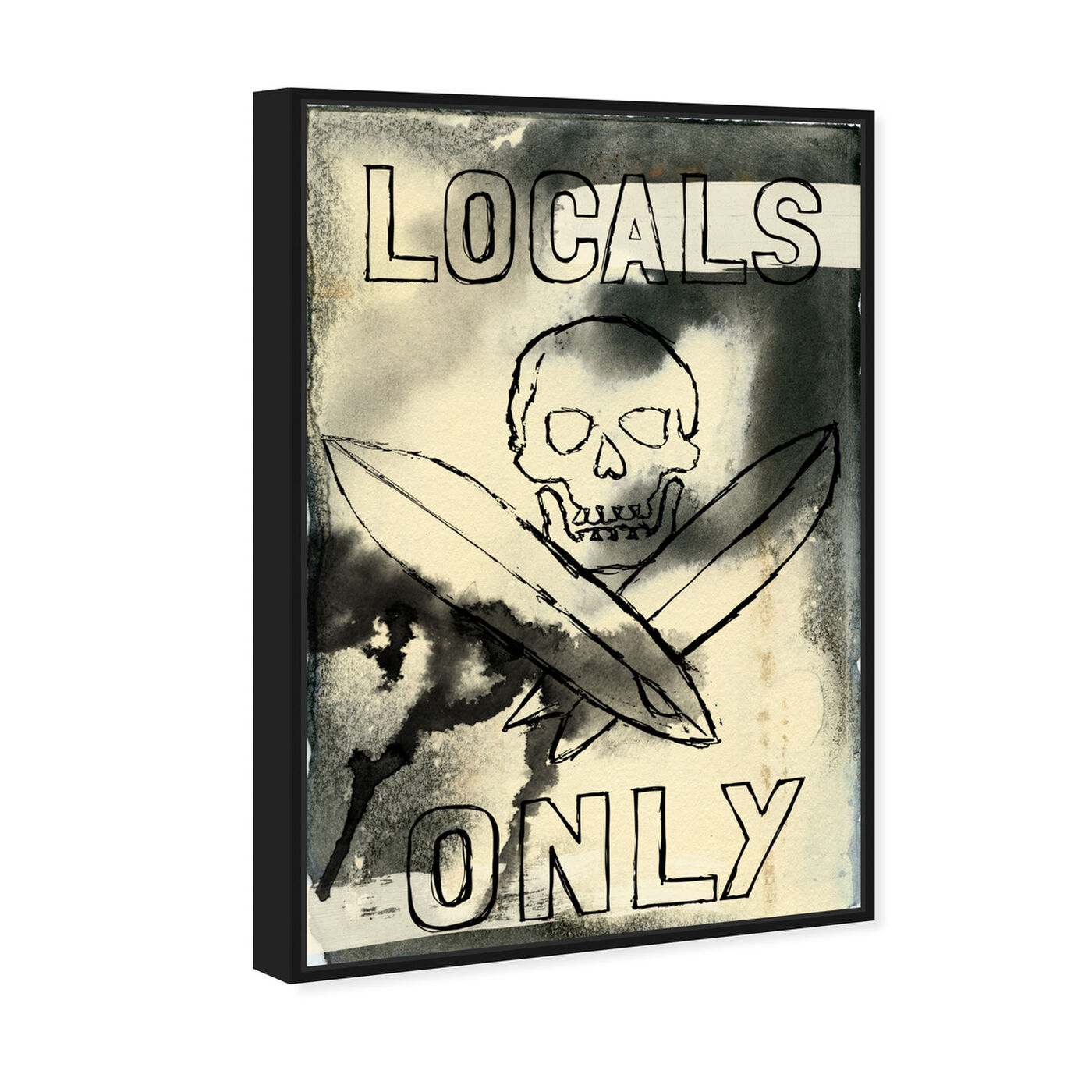 Angled view of Locals Only featuring symbols and objects and skull art.
