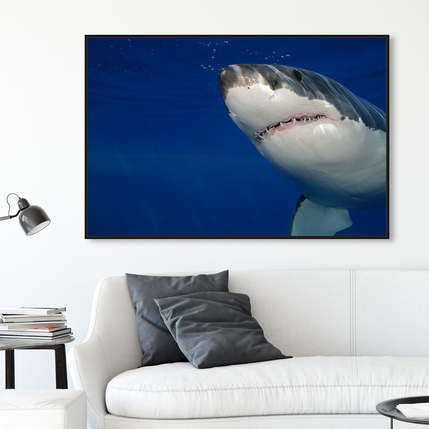 Hanging view of Great White Shark by David Fleetham featuring nautical and coastal and marine life art.