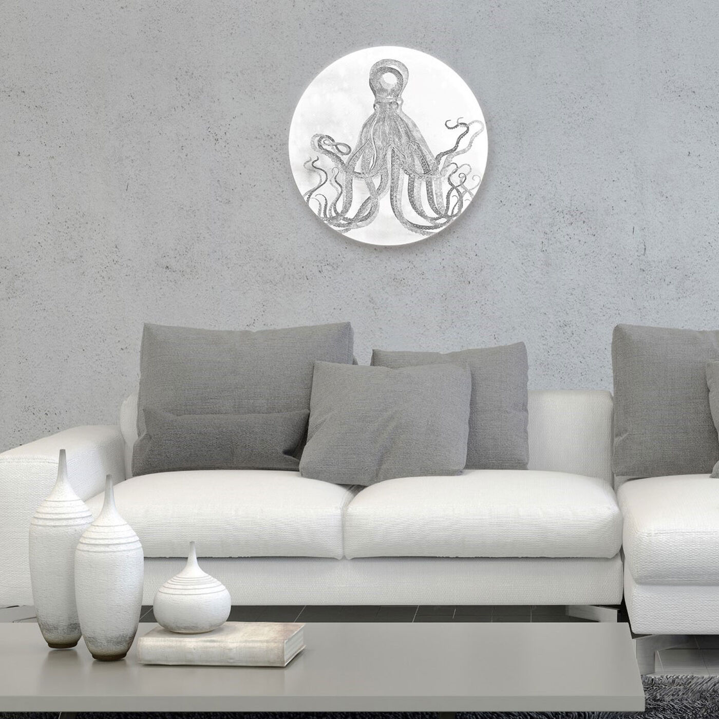 Hanging view of Octopus Watercolor Silver Circle featuring nautical and coastal and marine life art.