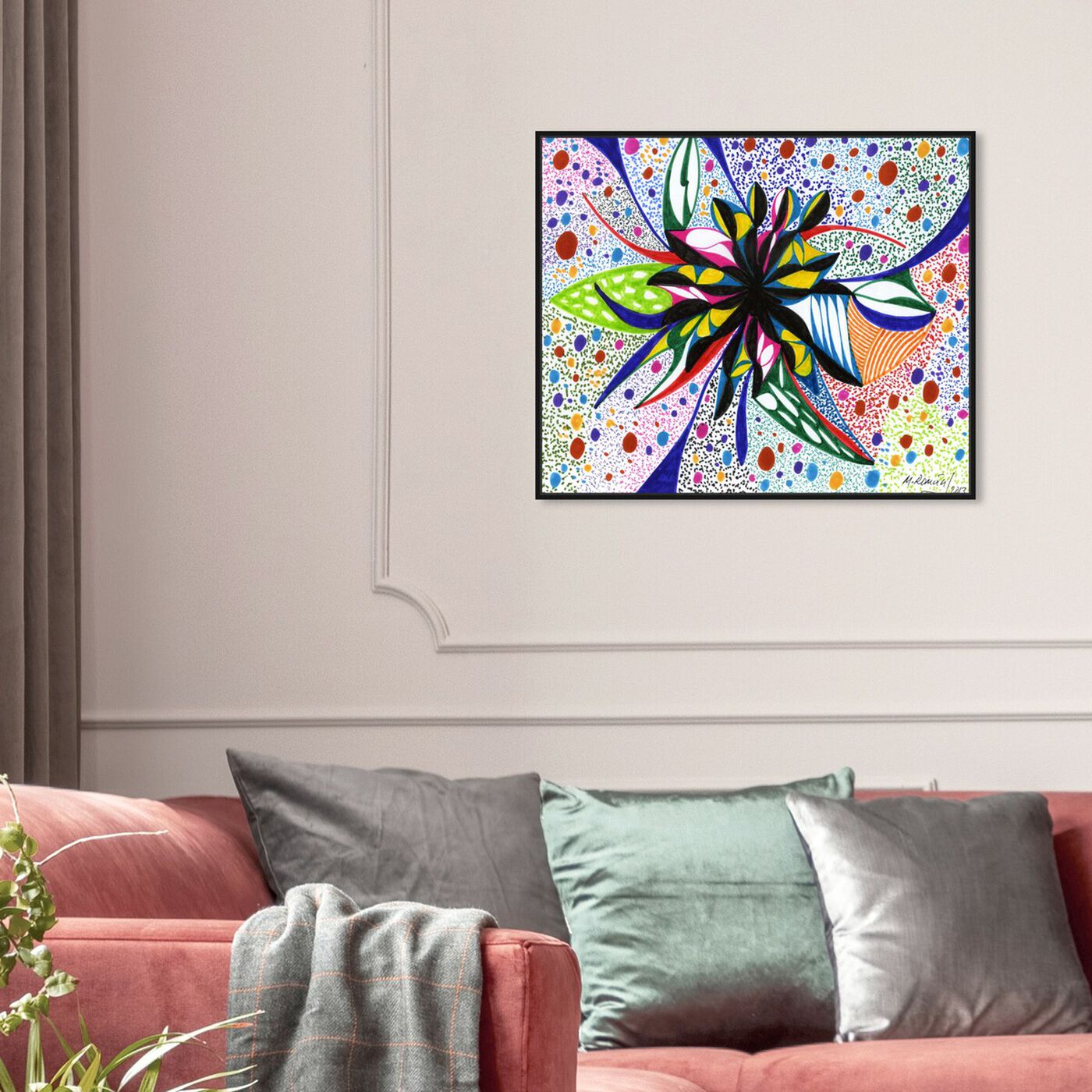 Hanging view of Bromeliad featuring abstract and flowers art.