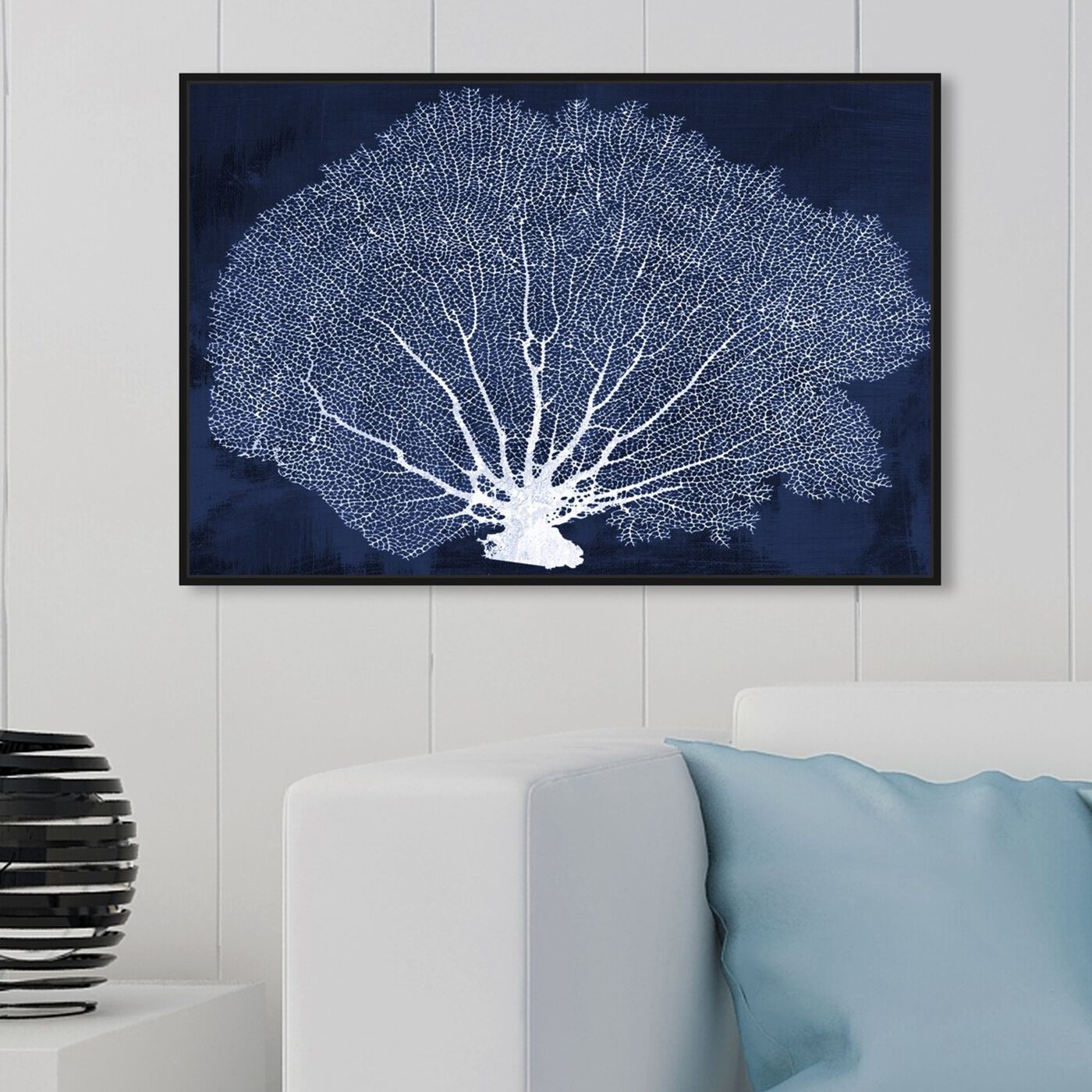 Hanging view of Coral Fan Cyanotype featuring nautical and coastal and marine life art.