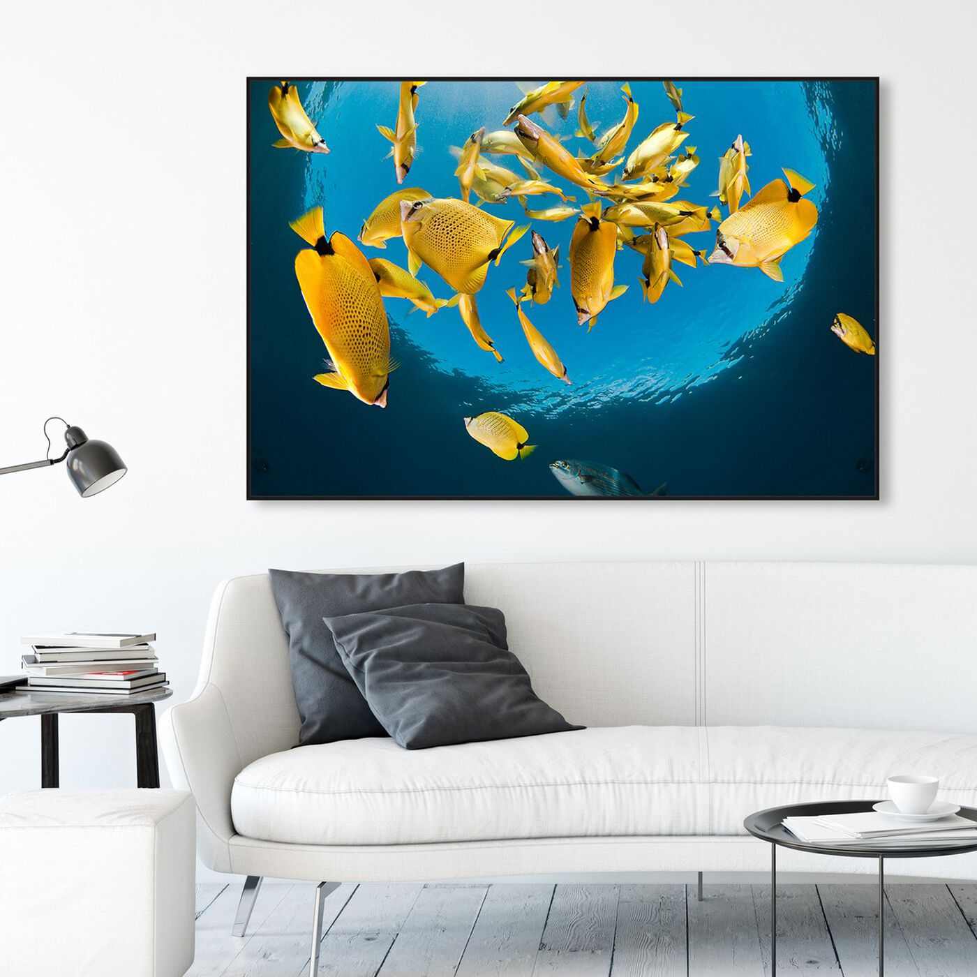 Hanging view of Milletseed Butterfly Fish by David Fleetham featuring nautical and coastal and marine life art.