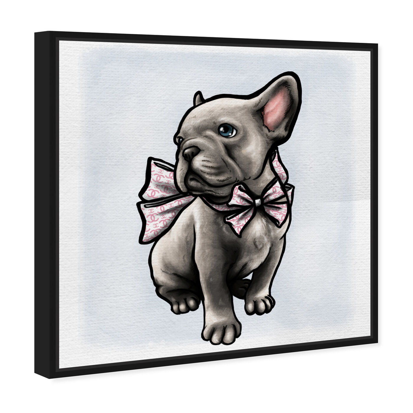 Angled view of Frenchie with Bow featuring animals and dogs and puppies art.