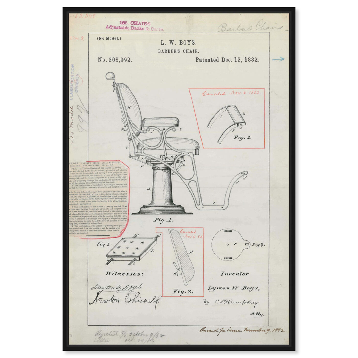 Front view of Barber Chair Patent 1882 featuring bath and laundry and barber art.