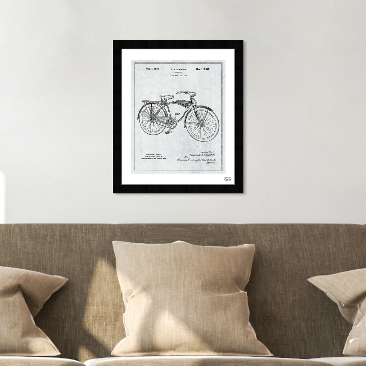 Hanging view of Schwinn Bicycle 1939 Grey featuring transportation and bicycles art.