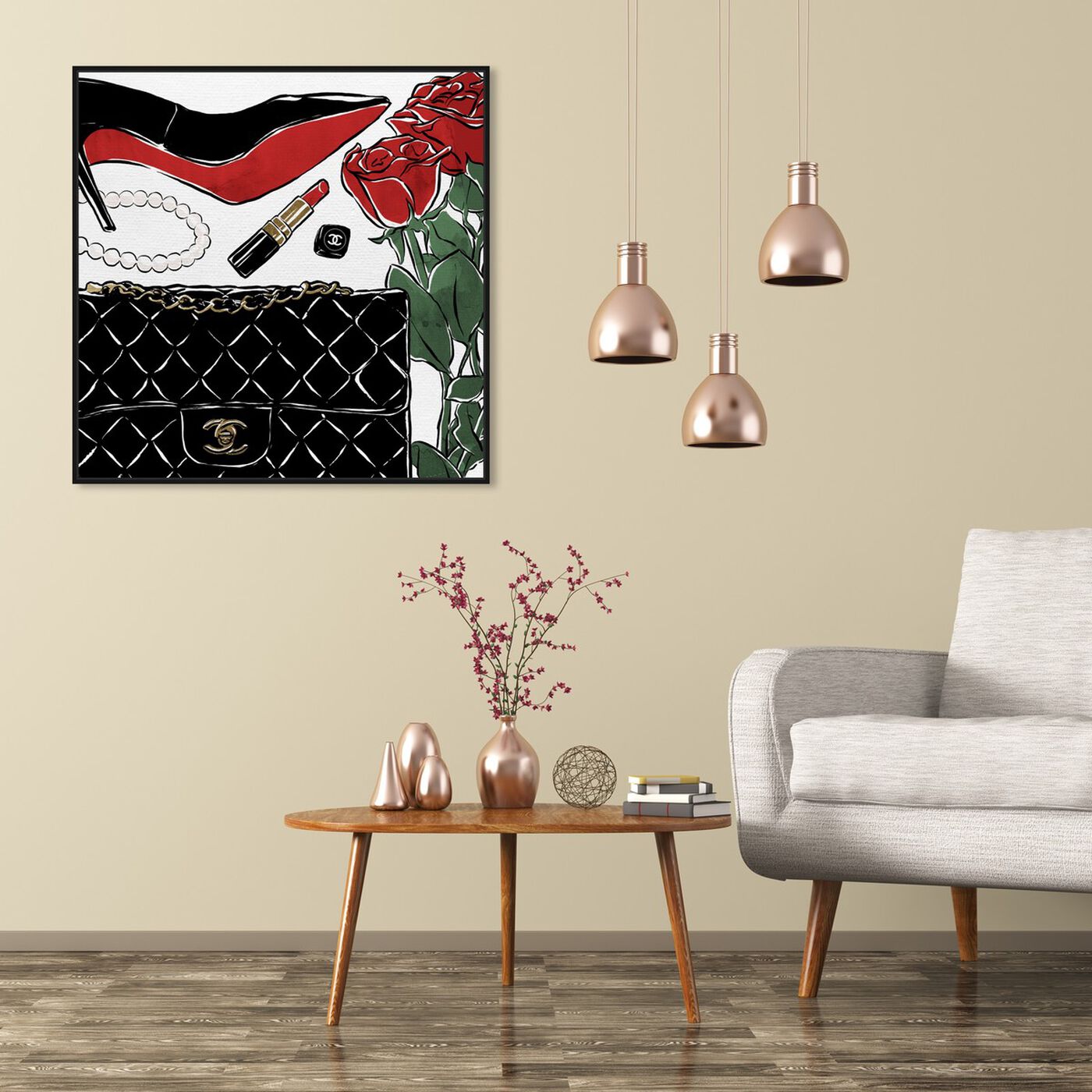 Hanging view of Red Roses and Black Purses featuring fashion and glam and shoes art.