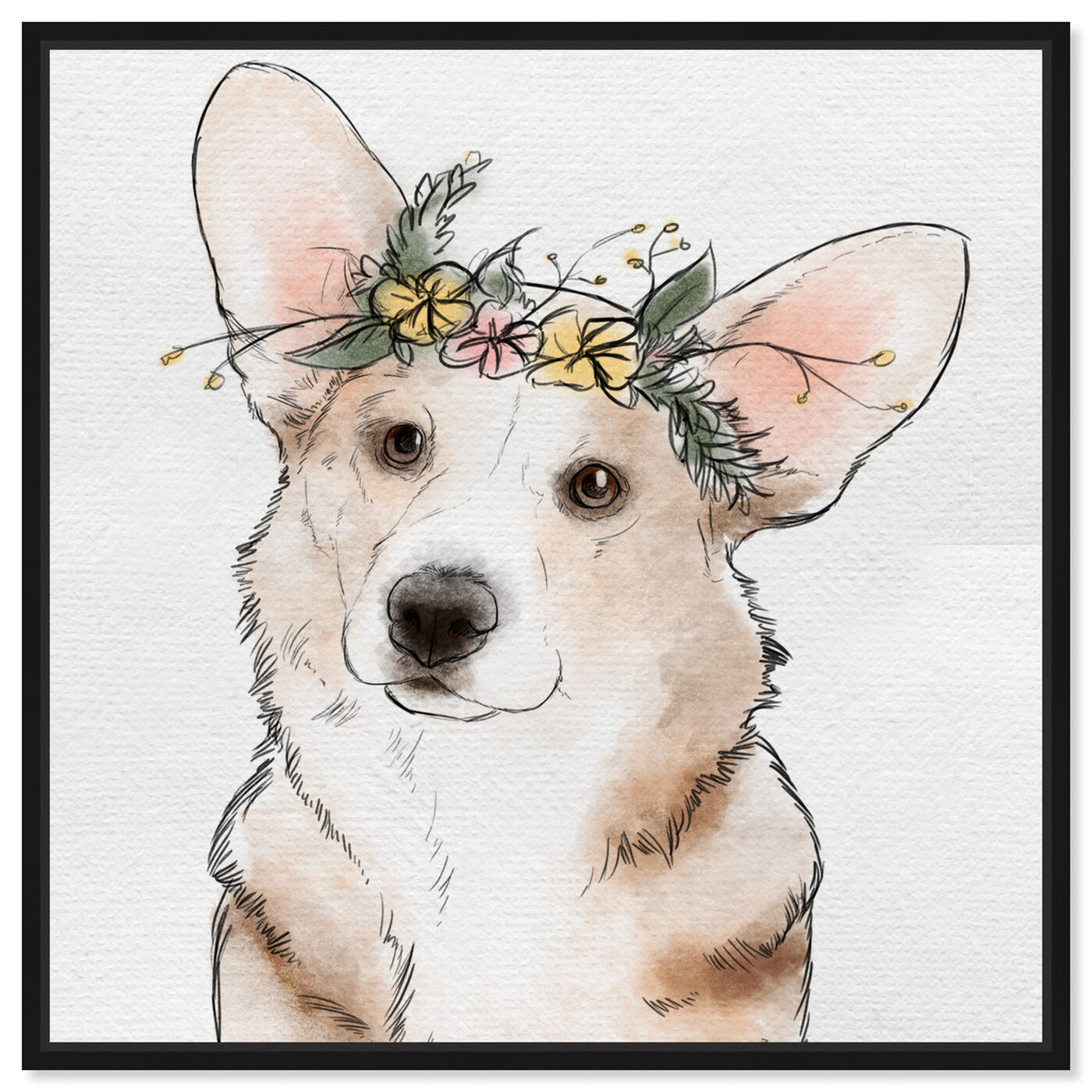 Front view of Floral Crown Corgi featuring animals and dogs and puppies art.