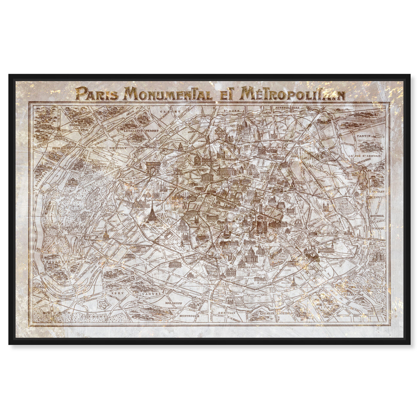 Front view of Dusty Gold Paris Map featuring maps and flags and european cities flags art.