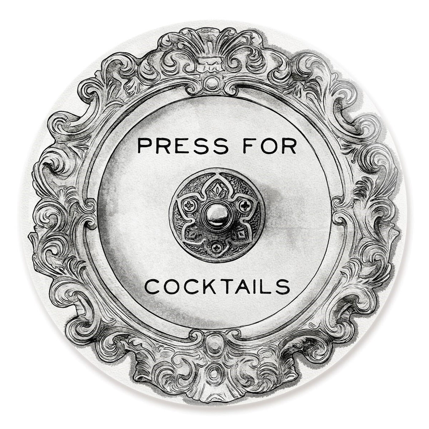Front view of Press For Cocktails Round featuring drinks and spirits and cocktails art.