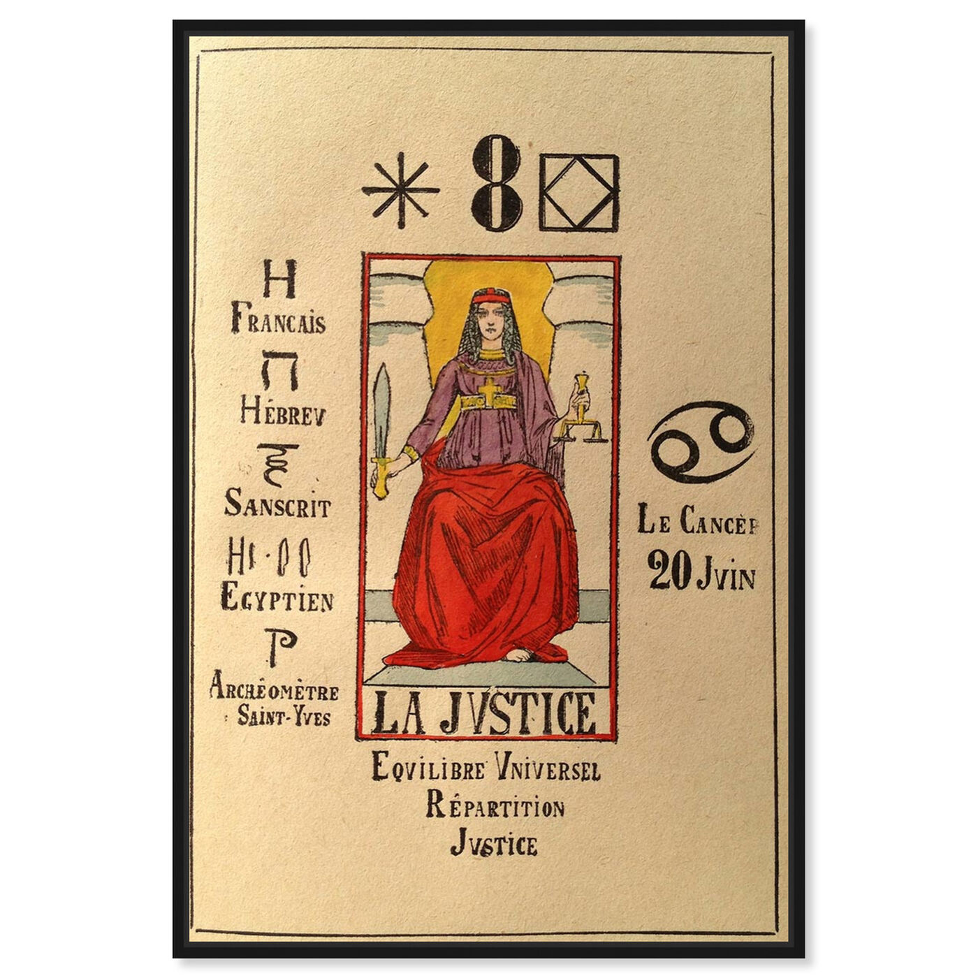 Front view of The Justice featuring spiritual and religious and zodiac art.