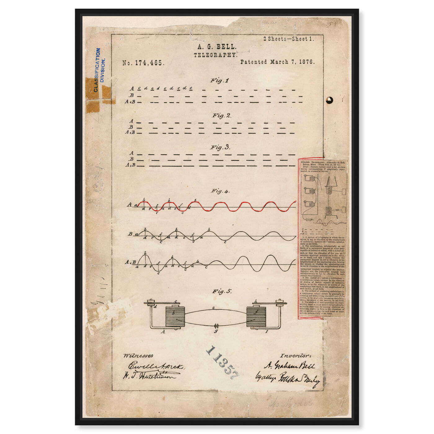 Front view of Alexander Graham Bell's Telegraphy featuring symbols and objects and urban maps art.