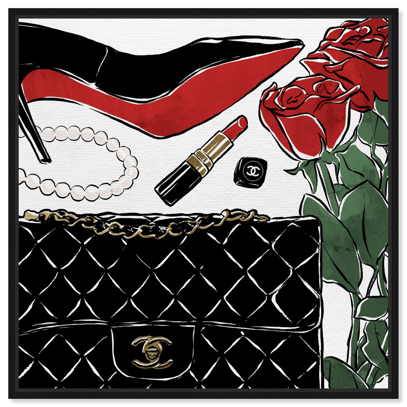 Front view of Red Roses and Black Purses featuring fashion and glam and shoes art.