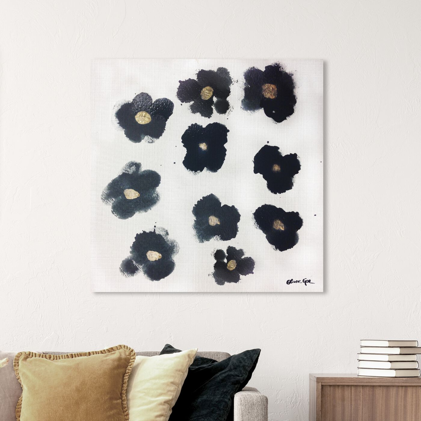 Hanging view of Coco's Gold Camellias featuring floral and botanical and florals art.