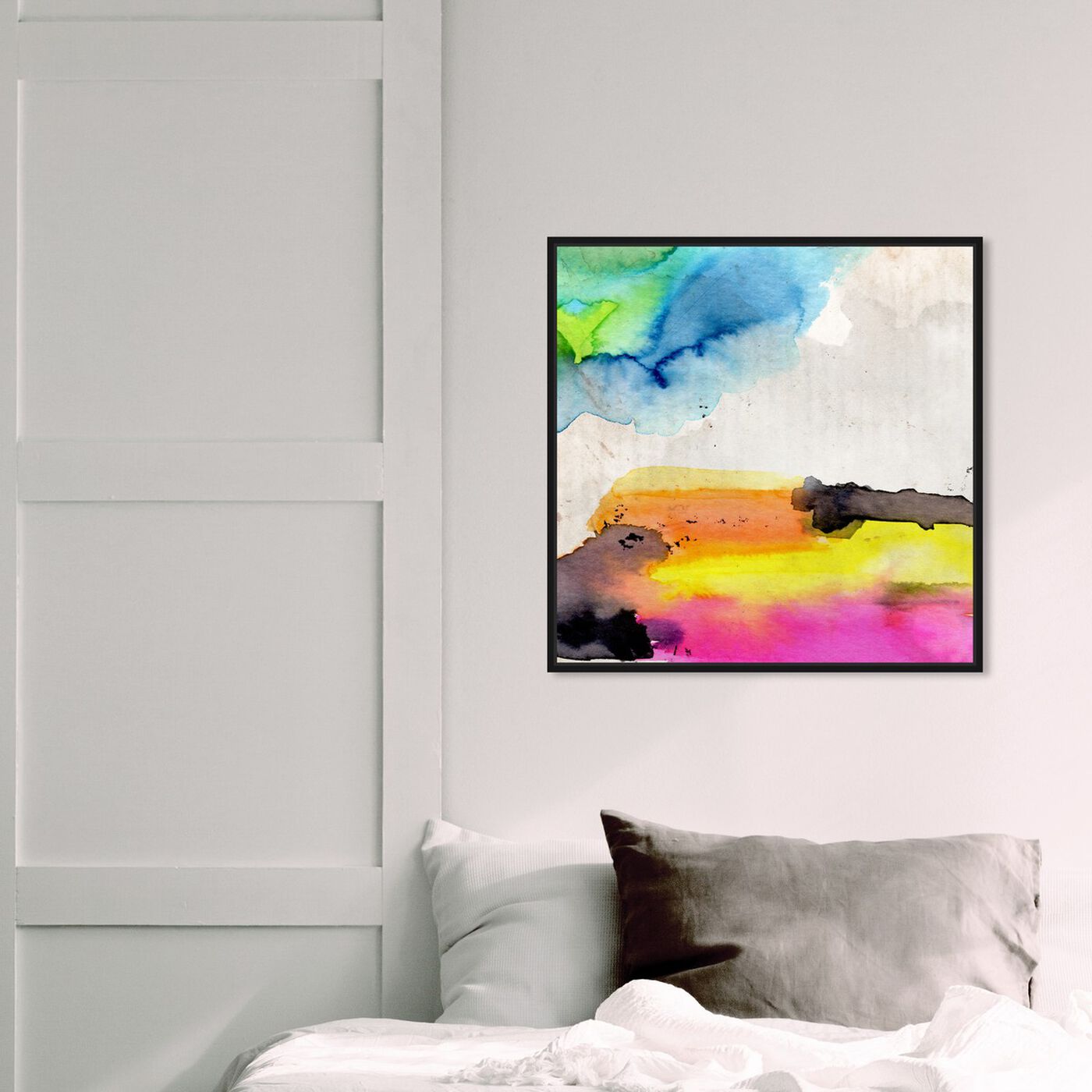 Hanging view of Composition Number V featuring abstract and watercolor art.
