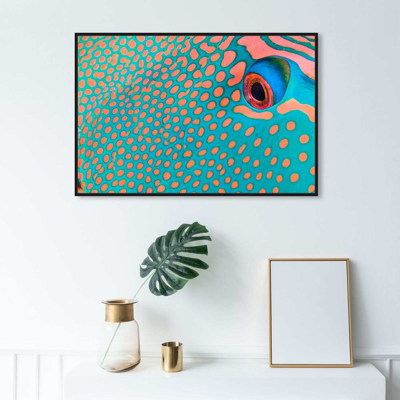 Hanging view of Bicolor Parrot Fish II by David Fleetham featuring animals and sea animals art.