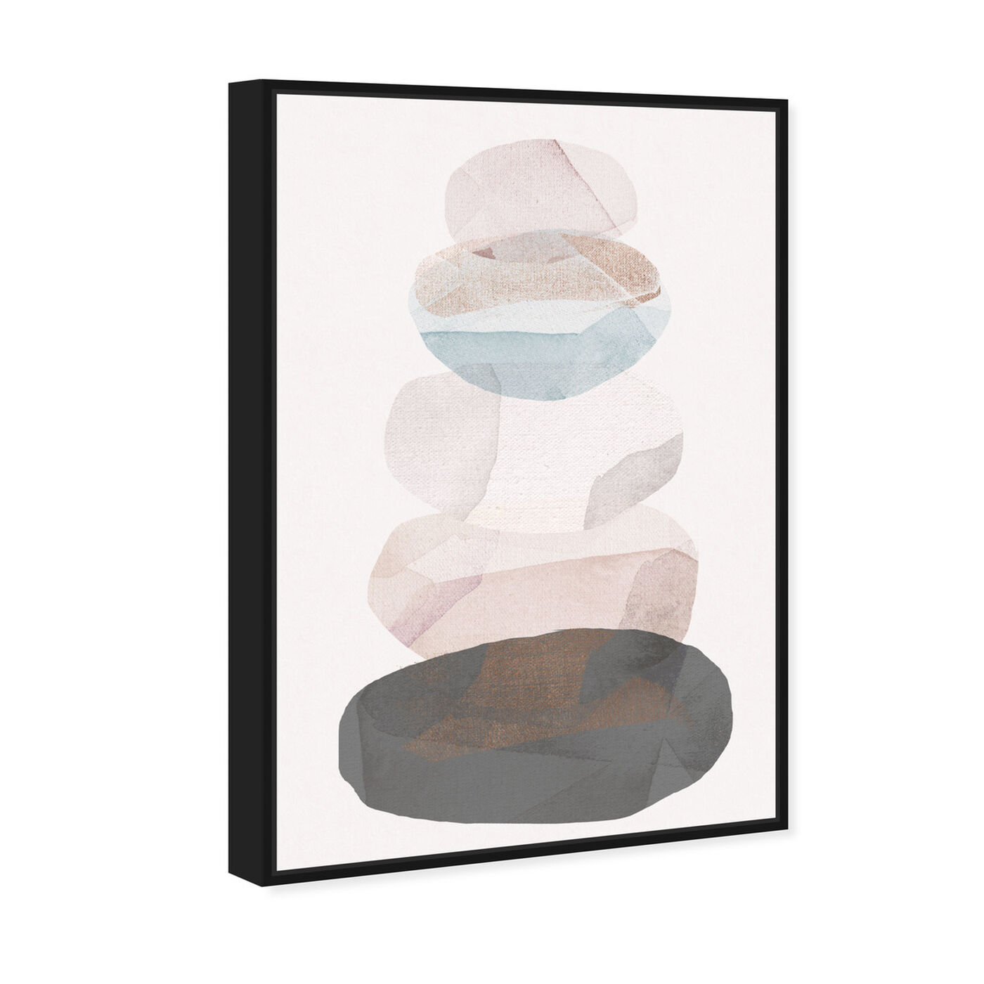 Angled view of Pebble Stack featuring abstract and geometric art.