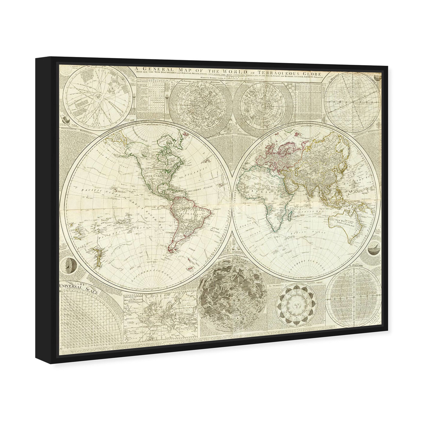 Angled view of Terraqueous Globe Map 1787 featuring maps and flags and world maps art.