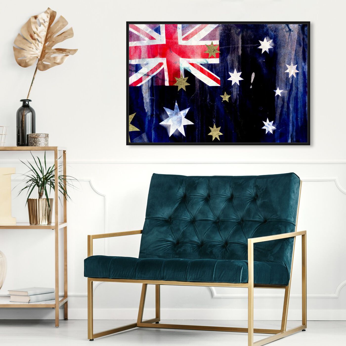 Hanging view of Australian Flag Interpreted by Oliver Gal featuring maps and flags and oceania countries flags art.