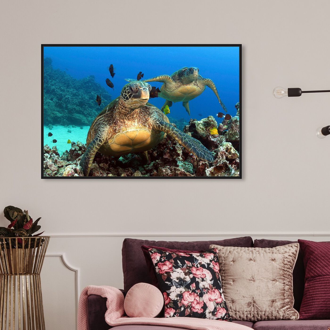 Hanging view of Two Green Sea Turtle by David Fleetham featuring animals and sea animals art.