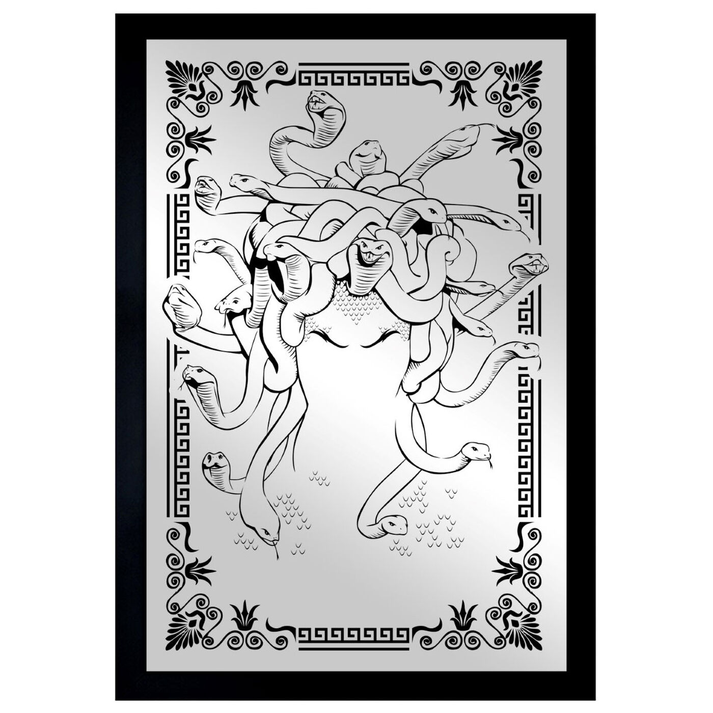 Front view of Medusa Mirror featuring symbols and objects and mystic symbols art.