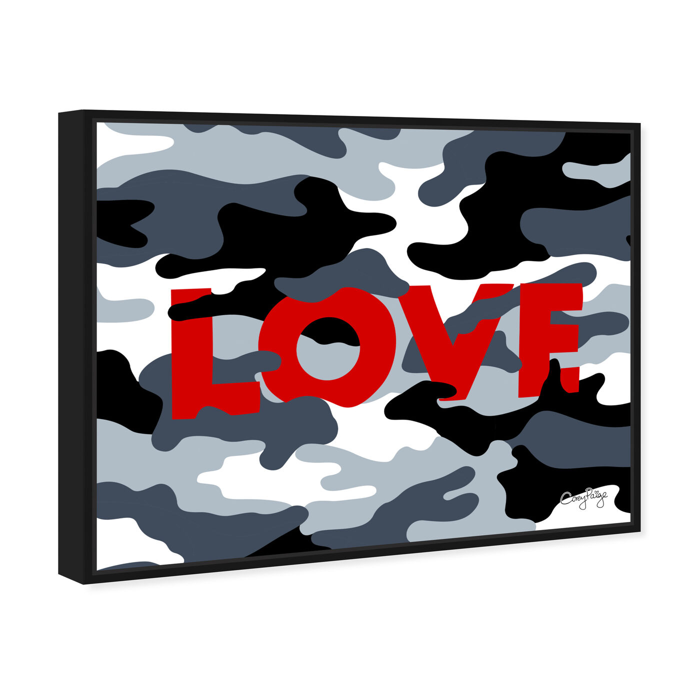 Angled view of Corey Paige - Gray Camo Love featuring typography and quotes and love quotes and sayings art.