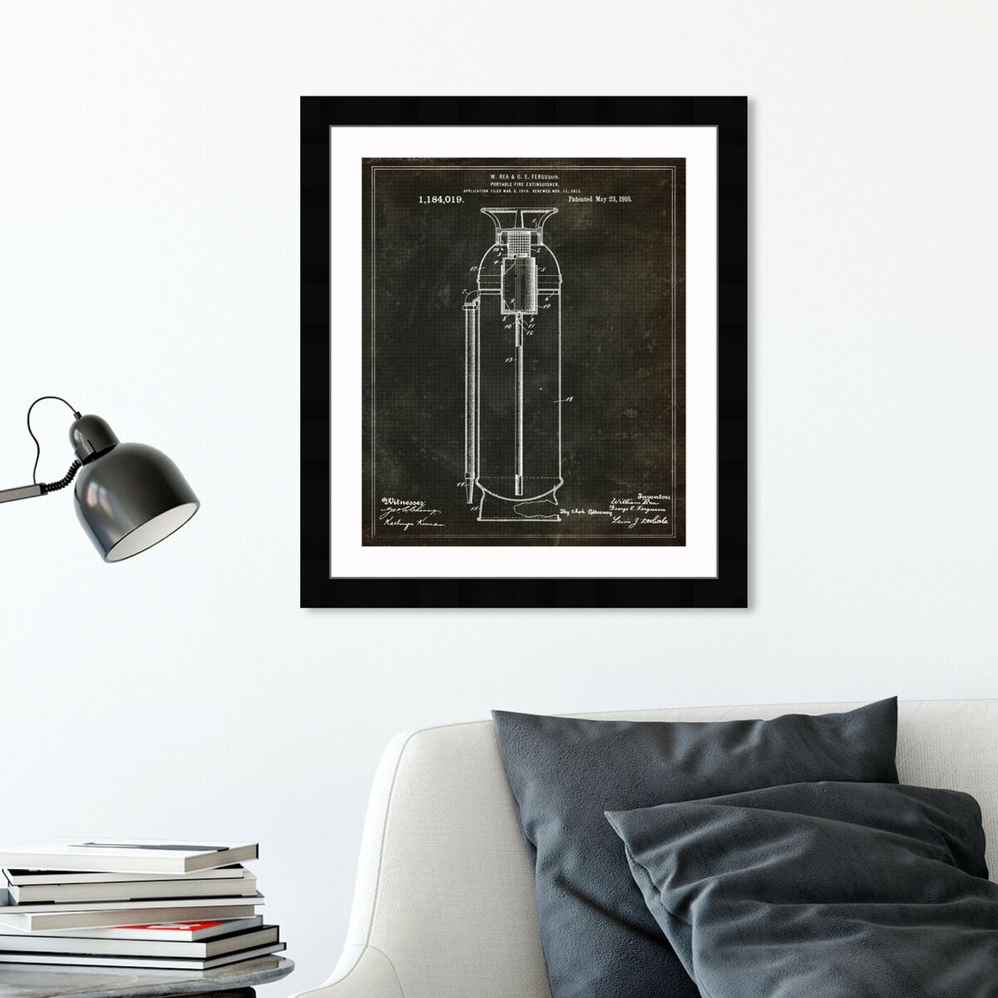 Hanging view of Portable Fire Extinguisher 1916 featuring symbols and objects and shapes art.