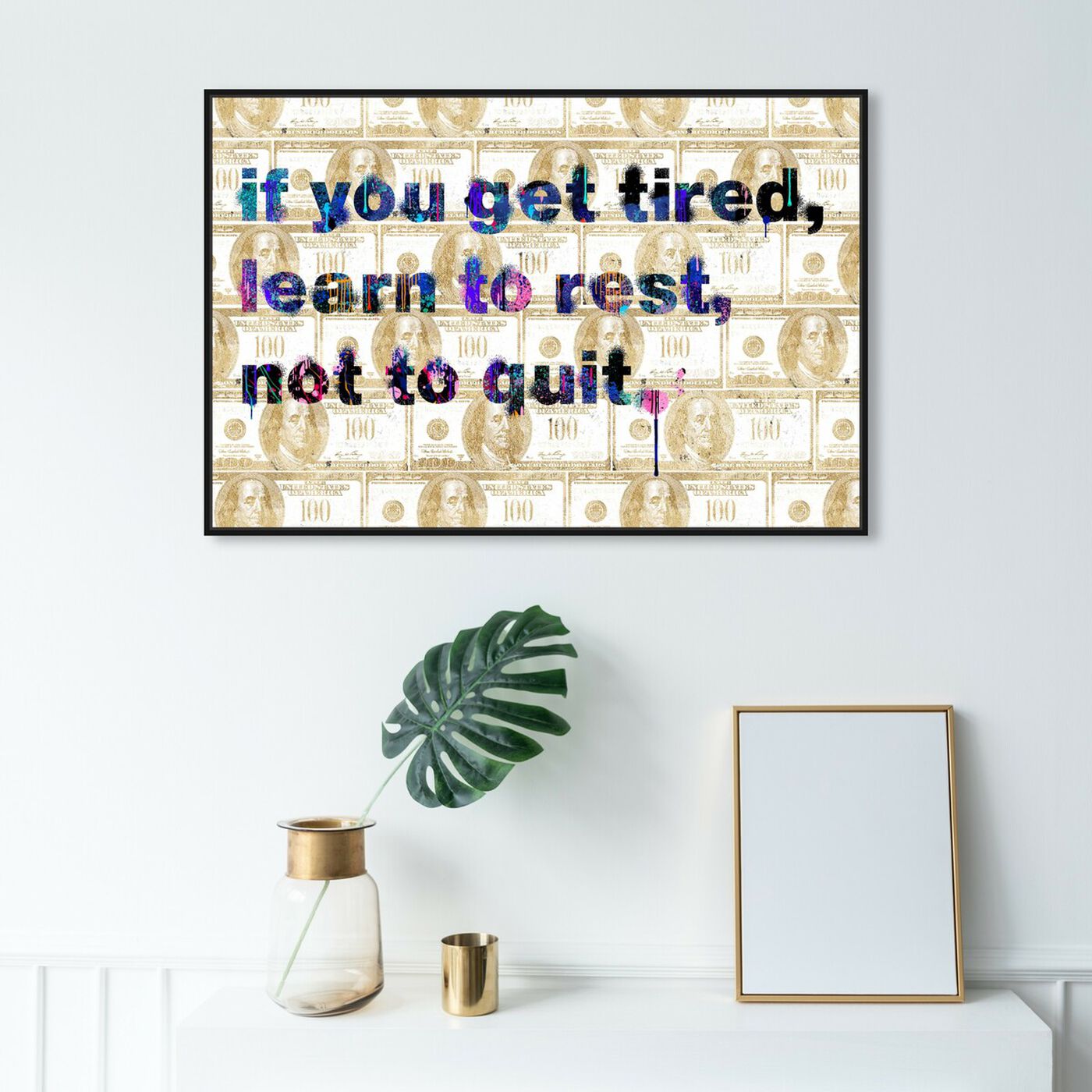 Hanging view of Learn to Rest featuring typography and quotes and motivational quotes and sayings art.