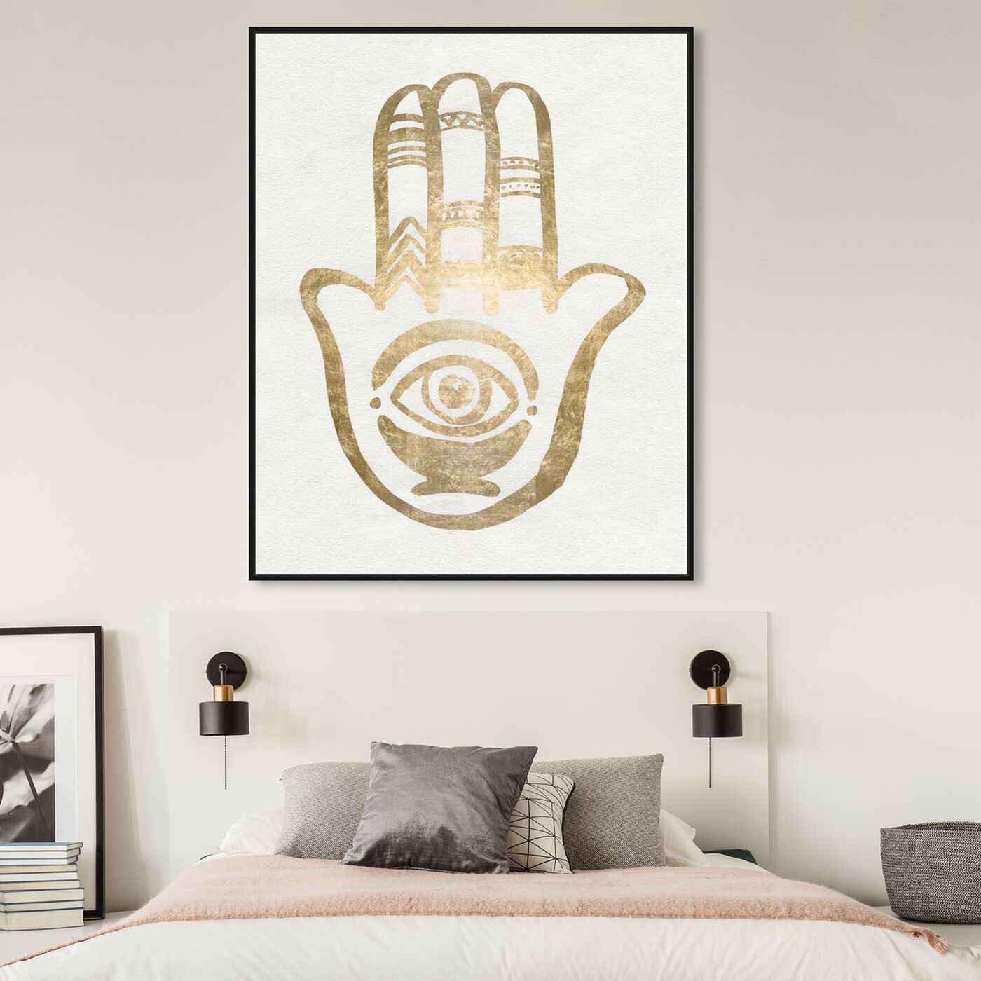 Hanging view of Hamsa Gold I featuring symbols and objects and mystic symbols art.