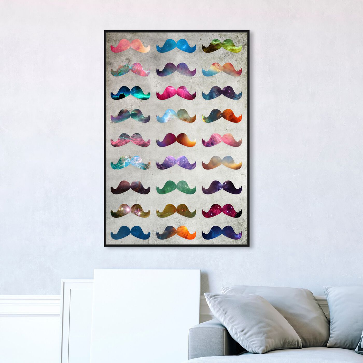Hanging view of Moustache Madness featuring abstract and shapes art.
