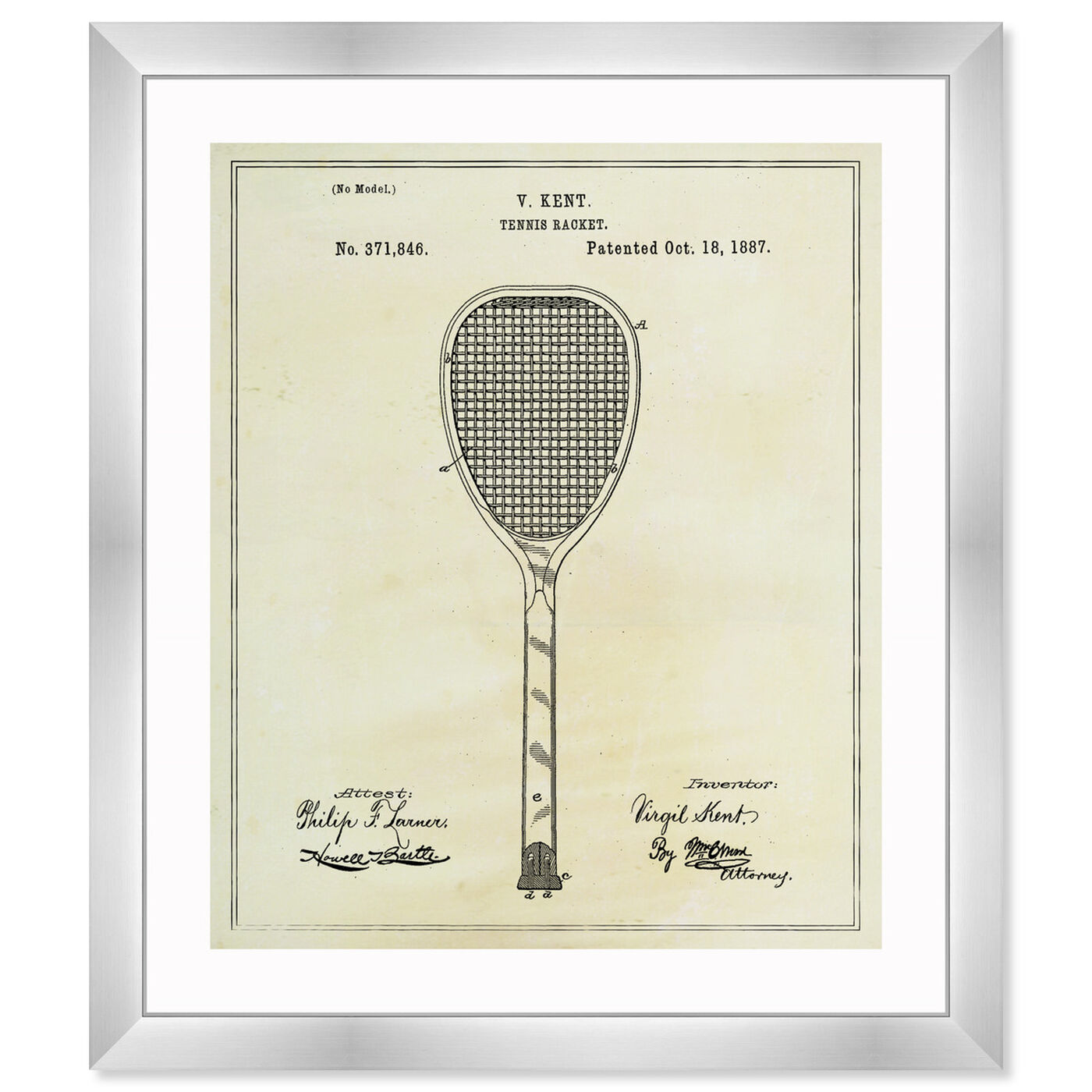 Front view of Tennis Racket 1887 featuring sports and teams and tennis art.