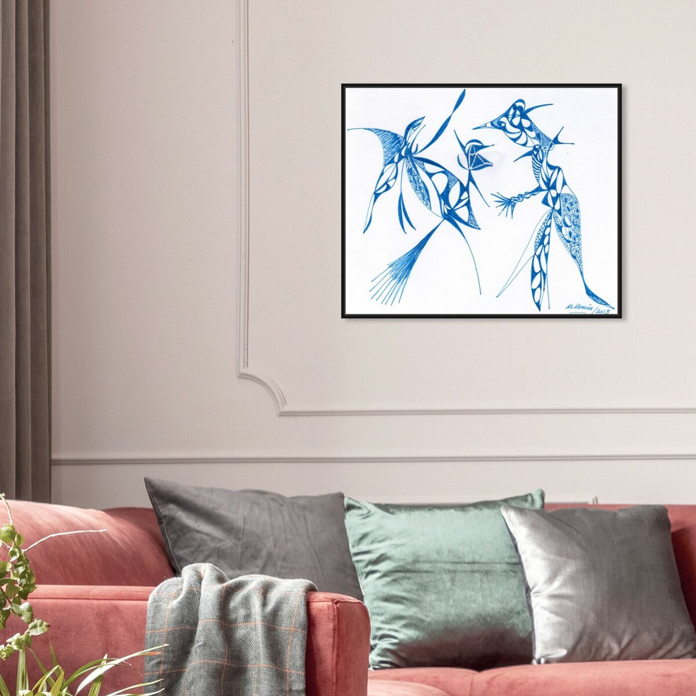 Hanging view of Dueling Herons featuring abstract and shapes art.